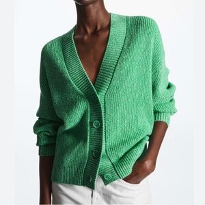 COS voluminous sleeve button down organic cotton cardigan melange green M